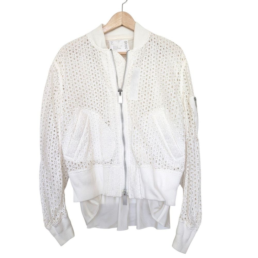 Sacai Eyelet Lace Bomber Jacket White Ruffle Hem MA-1 Japan Women's 2